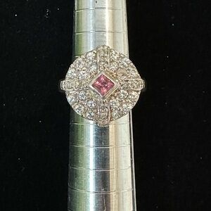 Pink Tourmaline with CZ’s Set in 925 Sterling Silver. Size 4.